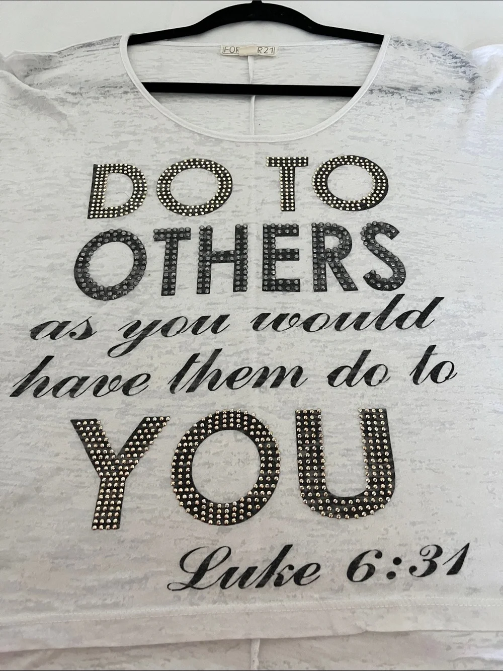 Forever 21 White Short Sleeve Graphic Tee with Studded Text